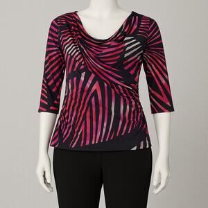Worthington Women’s  L  Abstract Stripe Pink Black White 3/4 Sleeve Draped Neck